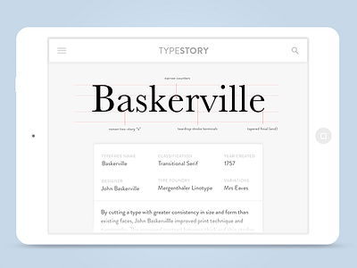 Type Story: App Concept baskerville content design ipad landscape layout mobile tablet typefaces typography ui ux