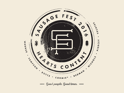 Sausage Fest 2016 badge booze camping drinking grunge guys weekend logo partying sausage fest texture woods