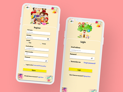 Signup and login pages for a kids bookstore books children design login page mobile app signup ui