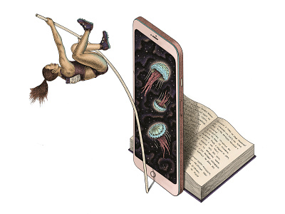 The illustration from the series «Smartphones vs books» book characterdesign digitalart dotwork drawing graphic illustration kashtalyan photoshop pointillism smartphone