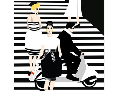Crosswalk 50s black blackandwhite crosswalk design illustration illustrator inspiration motorbike stylish vector vespa white women women in illustration zebra