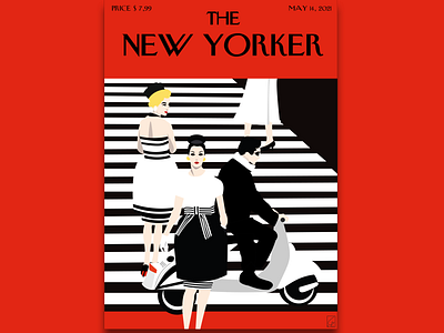 Cover New Yorker blackandwhite cover crosswalk design illustration illustrator inspiration magazine cover motorcycle new yorker red retro style vector vespa walking women women in illustration womens