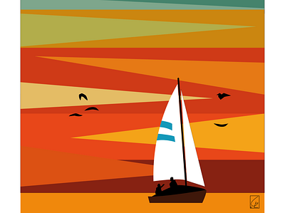 The little boat beatiful boat orange poster sailing sea simpledesign summer sunset visualdesigner