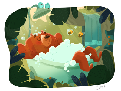 Bear Bath bath bear bees birds bubbles forest illustration relaxed