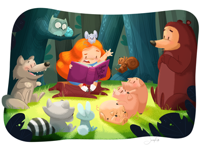 Story Time bear girl illustration owl pigs rabbit racoon reading squirrel story wolf woods