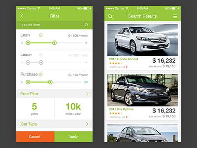 Cars Shop App app cars dashboard design filter green search shop ui ux