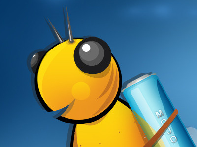 Logo Mojo Buzz bee blue comic drink drink logo energy logo logo design mascot yellow