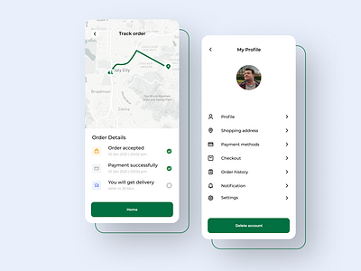 Food delivery app tracking screen and user screen ui