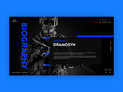 Dramosyn Biography Page asymmetric biography black blue dark different fullscreen page power trend ui ux