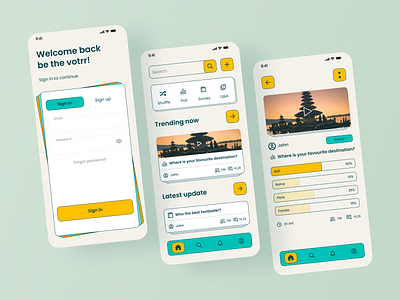 Votrr - Poll app aesthetic app app design cartoon design green home log in mint mobile mobile app orange poll ui ui design uidesign ux uxuidesign vote yellow
