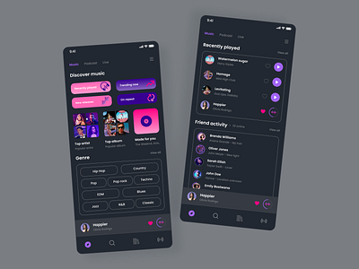 PlayBar - Mobile responsive app app design dark dark mode design homepage media mobile app mobile app design mobile ui music music app playlist podcast purple responsive streaming ui ui design ux