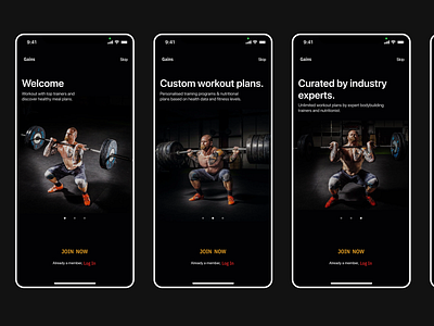 Pre-onboarding screens for a workout training mobile app.