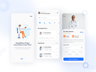 Doctorio - Doctor Booking App Design 2022 app app design clean creative creative design design doctor hospital medical minimal ui ui design uiux ux