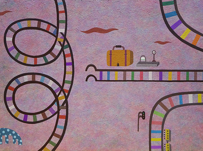 Departure station acrylic analog analogue colorful funny illustration landscape line train