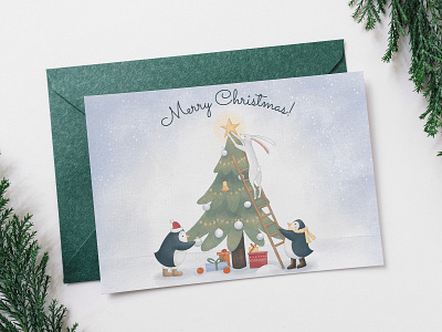 Christmas tree postcard 2021 christmas tree gifts holidays illustraion new year penguin postcard print rabbit snow star