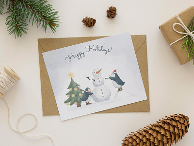 Snowman postcard 2021 holidays illustration new year penguin snow snowman tree