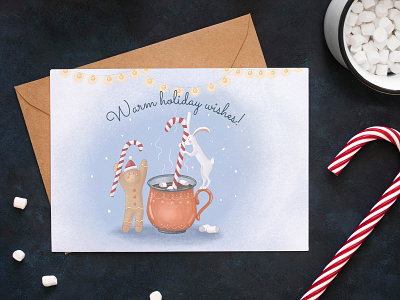 Cozy Winter Postcard animal candy cookie cup garland holidays hot chocolate illustration marshmallow postcard rabbit snow winter