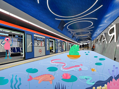 Subway Monsters Okskaya fishing illustration metro monster moscow river subway train vector