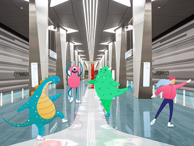 Subway Monsters Aviamotornaya art illustration metro monsters moscow skates skating subway vector