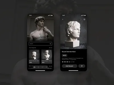 Statue E-commerce Mobile App app basket dark mode darkmode e commerce figma homepage iphone12 minimal mobile mobile app product card sketch statue ux