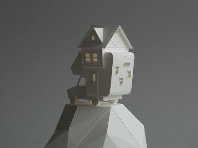 Camper with house architecture artwork craft handmade model paper papercraft sculpture white