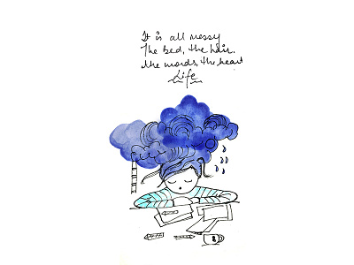 Messy Girl blue clouds doodle dribbble girl hair illustration messy quotes shot thoughts watercolor