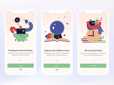 Onboarding Screens - Bookstore App app book design e book illustration onboarding reading screen ui ui ux ux