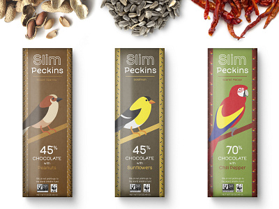 SlimPeckins bird branding chocolate bar design food illustration