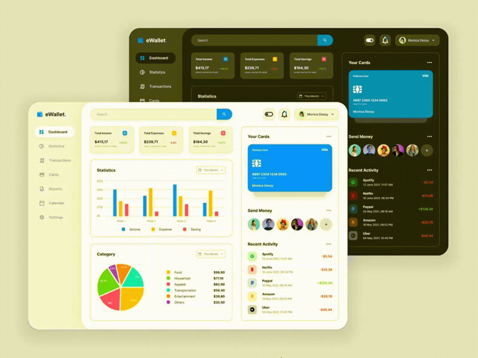 eWallet Finance App - Dashboard animation blue dark mode dashboard e wallet finance light mode ui design ui ux ux design web design website design
