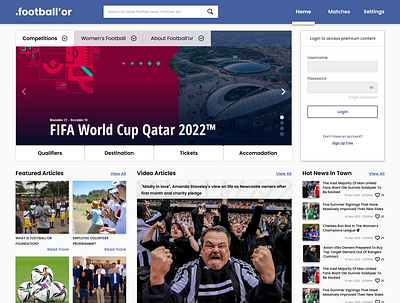 Website home page for all football content. branding design fifaworldcup figma football footballnews landingpage minimal soccer ui uidesign uiux webdesign