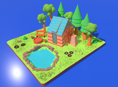 Hideaway 3d 3dart 3dillustration artwork blender3d blendercycles bright colors cute art illustration lowpoly3d lowpolyart water