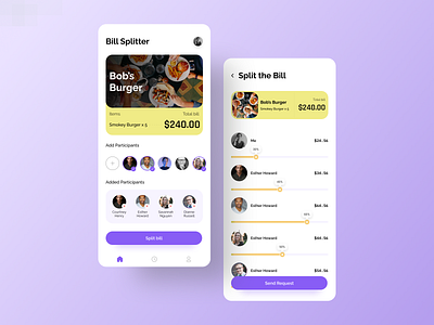 Bill Splitter App Concept android app app branding clean colors design dribbble finance finance app fintech fintech app graphic design illustration ios app logo minimal minimal app purple ui ux