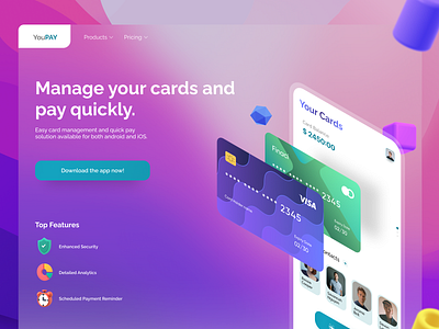 YouPay App Landing Page app branding card colors design dribbble finance fintech fintech web graphic design illustration landing page logo minimal money security ui ui design ux ux design