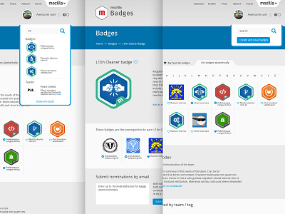 Mozilla: badges site refresh, Badge Pages badges clean data visualisation design interactions layout mozilla badges navigation site ui ux web