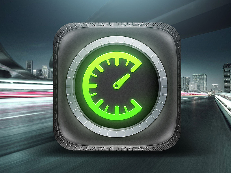 Tirecheck App Icon tire check app ios icon iphone tires wheel clock time pressure meter road plastic texture metal glow green design ui logo mobile