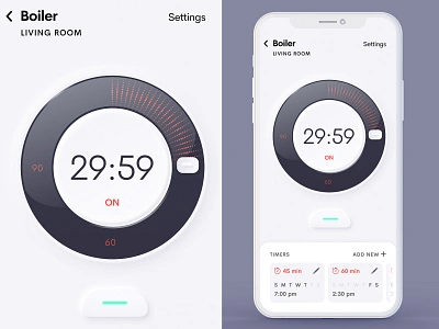 Smart Home App - Boiler app app ui boiler branding design button circle dial heater interface meter nest neumorphic radial smart home ui ui design ux