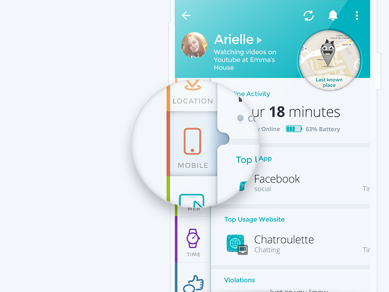 Parental Control App material design colors bright white tabs sliding menu icon design ux ui app