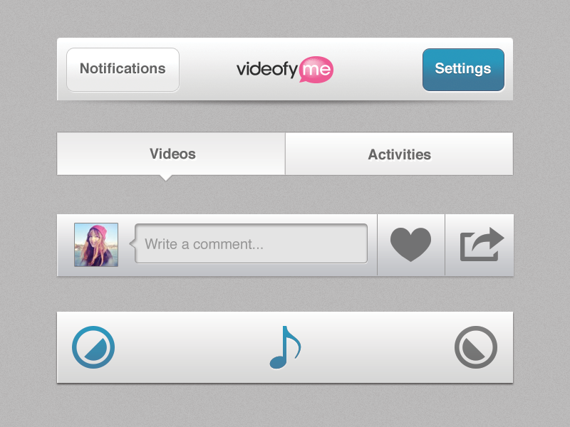 VideofyMe UI Parts ui ios parts app videofyme startup button buttons navbar uisegmentedcontrol video comment like share music note fade settings notifications