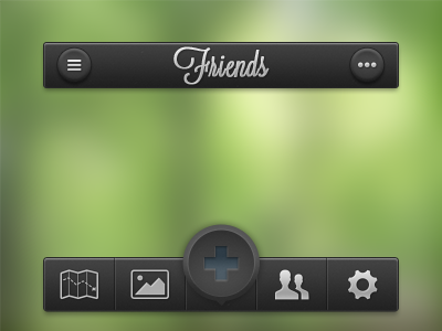 iPhone App UI @2x add app black button dark friends gray green icon iphone list map more parts picture retina settings ui white