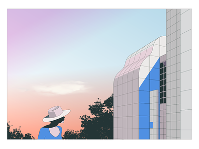 Des Moines Art Center - Richard Meier architecture builing drawing girl illustration landscape richar meier sunset woman