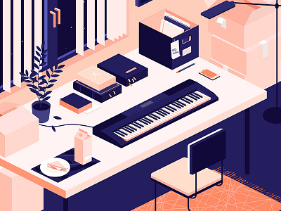 Keyboard carpet designer desk illustration isometric keyboard kiss mess music room work