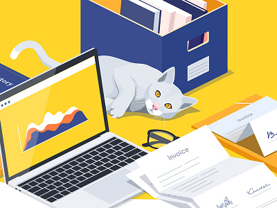 An accountant's dream accountant books business cat charts company desk illustration invoice iso isometric office papers