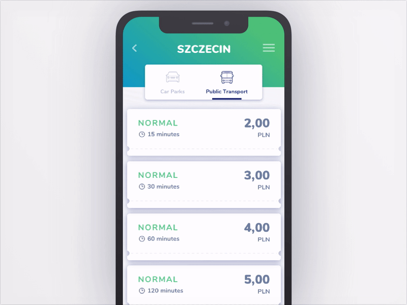 Car parks and public transport tickets app