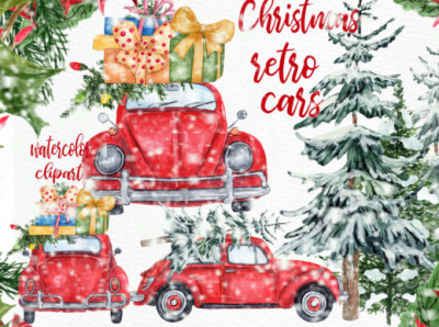 Watercolor Christmas Cars Clipart car