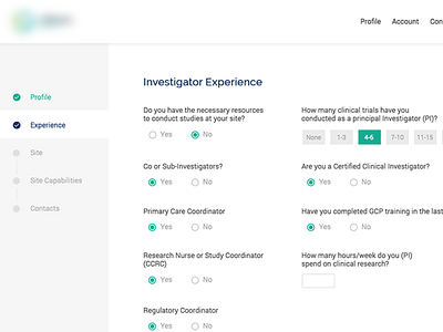 Profile form clinical experience form profile progress questions steps survey ui ux