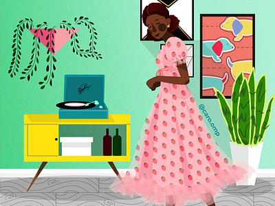 Pretty girl enjoying her home adobe illustrator cute pastel colors pattern room illustration strawberry dress vector illustration
