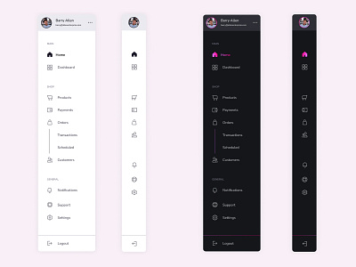Sidebar navigation for dashboard Light mode vs Dark mode