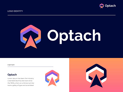 Optach modern  hexagon arrow logo design  purple and blue color