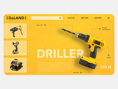 DOLAND DRII 3d branding drop shadow figma hardware product design typography ui ux visual visual design webdesign yellow
