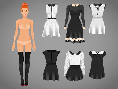 Collar dresses art black and white collar contrast doll dress fashion illustration paper doll redhead stockings vector
